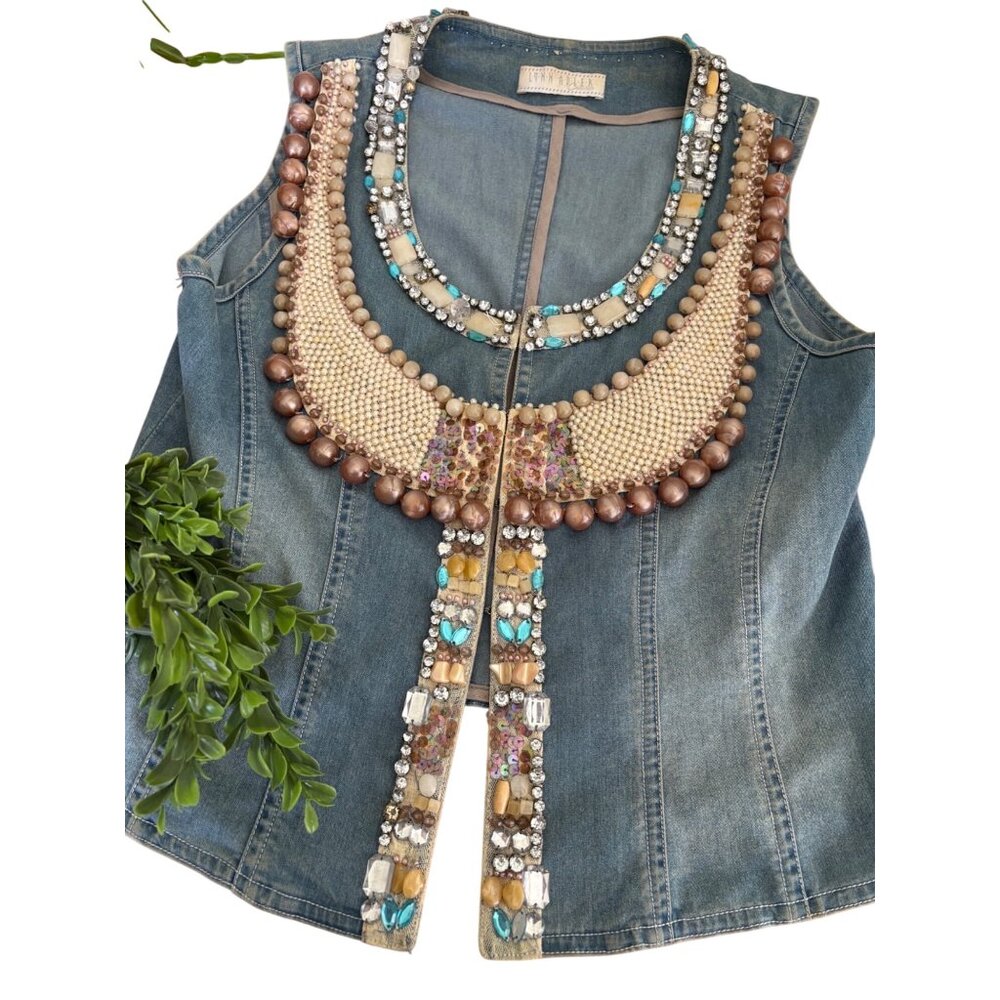 Vintage  Lynn Adler Hand Beaded Denim Vest With Rhinestones & Pearls - Picture 11 of 12